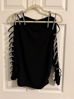 VENUS Black Cold-Shoulder Top with Embellished Straps